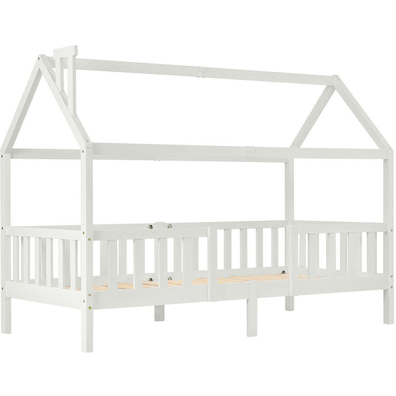 Cama para niño con Barrera Barandilla, 90 x 200 cm Cama Infantil de Pino, Forma de Casa Hogar Möbel (Blanco)