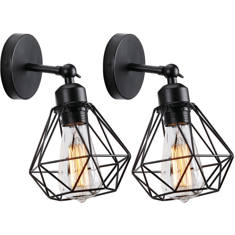 Lámpara de Techo 2 Piezas, Vintage Plafón con Ø15.5cm Jaula Diamante de Hierro, Industrial Estilo Iluminación Art Decor E27 Interior para Pasillo Escalera Dormitorio (Negro)