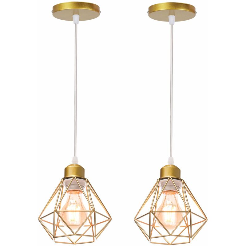 Lámpara Colgante 2 Piezas, Vintage Lámparas de Techo Ø16cm Diseño de Jaula de Diamante, Industriale Luminaria de Techo E27 para Dormitorio Salon Cocina Comedor (Oro)