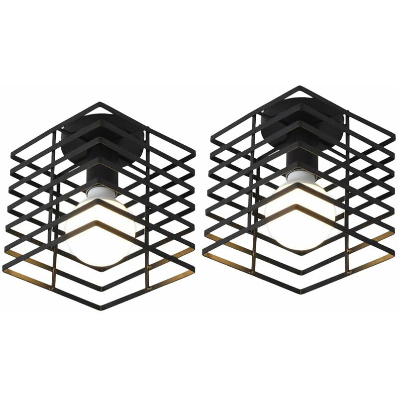 Lámparas de Techo 2 Piezas, Vintage Planfones de Montaje Semi Empotrado de Metal Interior, Iluminación con Jaula Cube E27 Decorativo para Comedor, Dormitorio, Café (Negro)