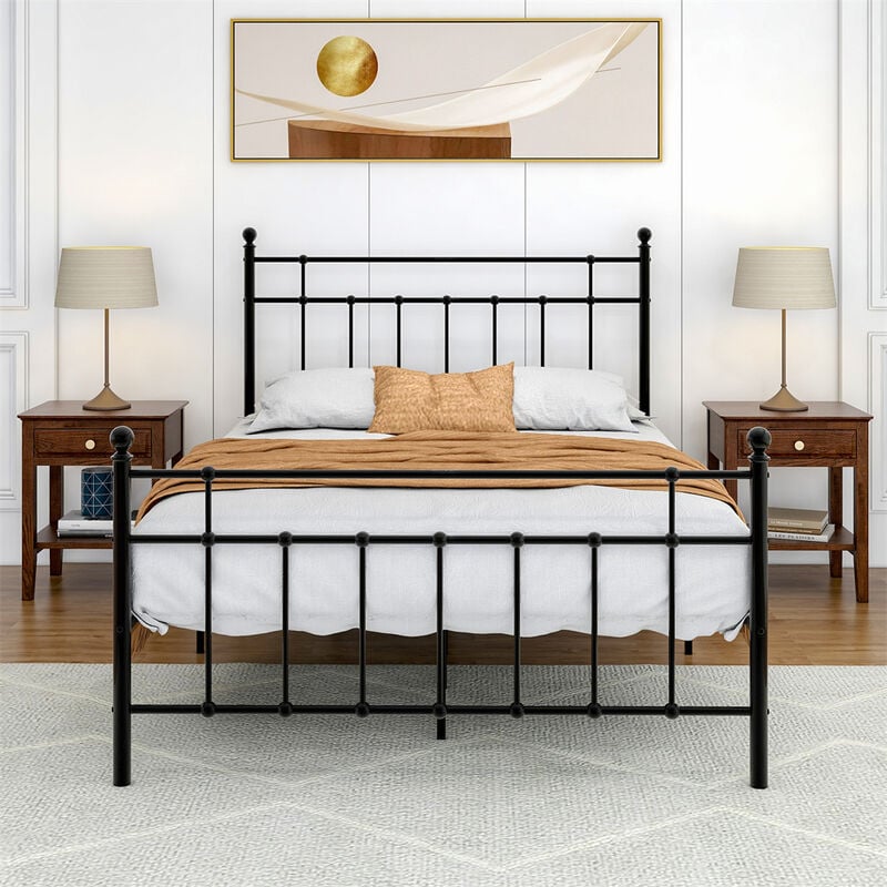 Marco de Cama Doble de Metal, Cabecero Rectangular Geométrico, Montaje Simple, para Adultos y Niños, 140 x 190 cm (Negro)