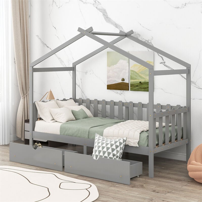 Cama Infantil para Niños, Stile Moderno, Estructura de Madera Maciza, con 2 Cajones, 90 x 200 cm (Gris)