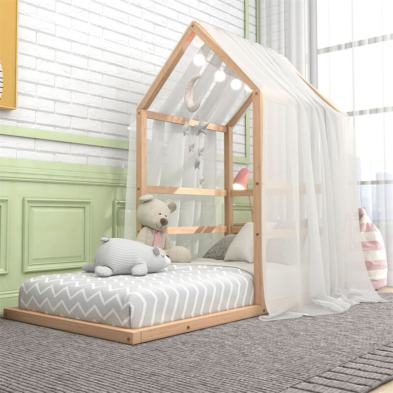 Cama Infantil, Cama Individual con Estructura de Dosel para Niños, Forma de casa Casita, 200 x 90cm (Color Madera)