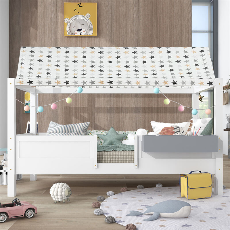 Cama Infantil para Niños con Cortina, Estructura de Madera Maciza, con Caja de Almacenamiento, 90 x 200 cm (Blanco)