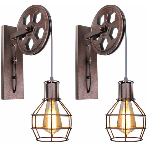 Industrial Lámpara de Pared Retro Creativo Forma de Jaula con Polea Iluminación para Restaurante Sala de estar Dormitorio Pasillo Óxido 2 Luz