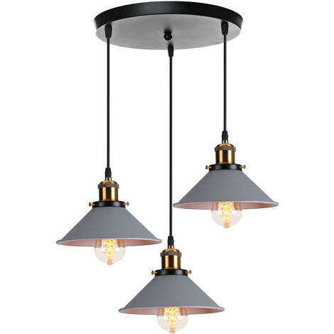 Lámpara Colgante de Techo, Ø22cm Pantalla de Metal para Dormitorio Cocina Comedor Cafe Gris - 3 Luces Base Redondo