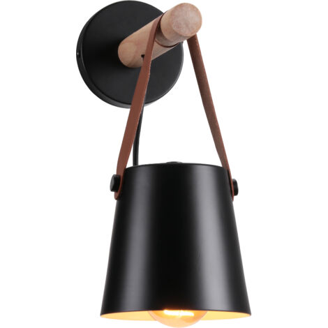 Aplique de Pared, Industrial Lámpara con Pantalla de Cuero Interior, Luz de Pared Art Decor de E27 Base para Dormitorio Cocina Comedor Cafe Negro 1 Pieza