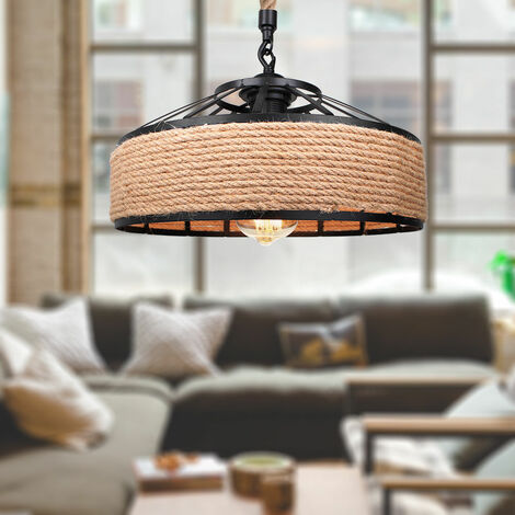 Lámpara Colgante, Vintage Lámpara de Techo Cuerda de Cáñamo, Iluminación Pantalla de Hierro E27 para Dormitorio Cocina Comedor Cafe Negro Ø30cm