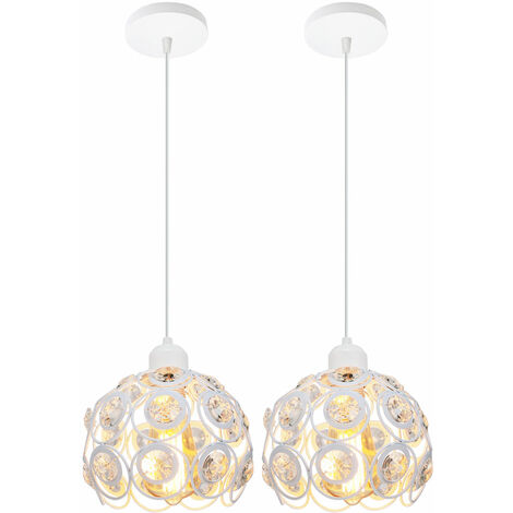 Lámpara Colgante Cristal 2 Piezas, Moderno Lámpara de Techo con Ø20cm Pantalla de Metal, Iluminación Creativo E27 para Cocina Sala Comedor Dormitorio (Blanco)