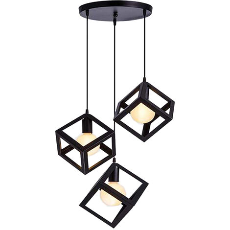 Lámpara Colgante, 3 Luces Vintage Lámparas de Techo con Jaula Cube, Iluminación Creativo Decorativo E27 para Pasillo Porche Dormitorio Sala Cafetería Bar (Negro) (1/4)