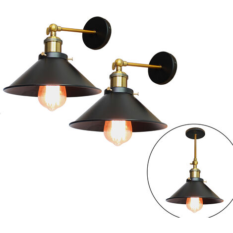 Apliques de Pared 2 Piezas, Vintage Industrial Lámpara con Ø22cm Pantalla de Metal, Rotación de 240° Iluminación Art Decor Luz E27 Base para Dormitorio Pasillo Cafe Loft Bar (Negro) (1/4)