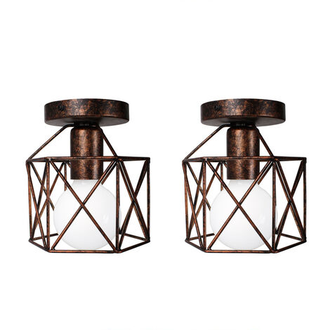 Lámpara de Techo, Vintage Luz de Techo con Ø16cm Jaula Cuadrada, Mini Iluminación de Metal E27 para Pasillo Porche Dormitorio Sala Óxido 2 Piezas