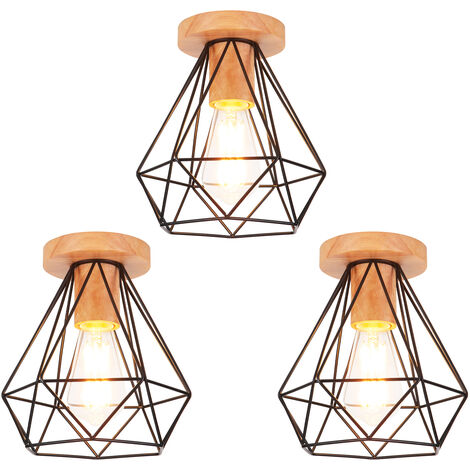 3 Pack Diamante Lámpara de Techo Lámpara de Metal y Madera Luz Interior Vintage Retro Industrial Adecuado para Sala de Estar Baño Tipo Loft Negro (1/5)
