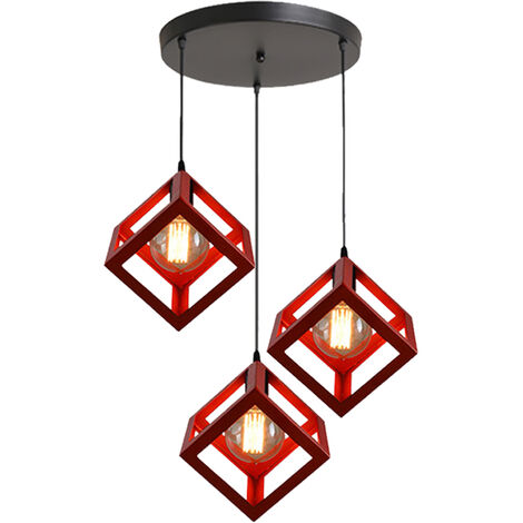 3 Luces Lámpara Colgante, Vintage Lámparas de Techo con Jaula Cube, Iluminación Creativo E27 para Pasillo Porche Dormitorio Sala Bar Rojo (1/2)