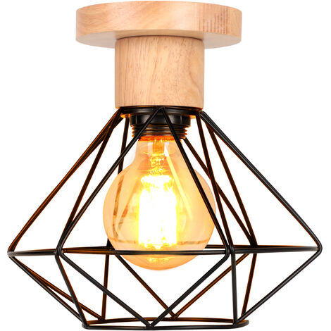 Retro Lámpara de Techo Vintage Jaula de Metal y Madera E27 Lámpara Colgante Diseño Diamante para Pasillo Escaleras Dormitorio Negro