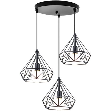 Lámpara Colgante, Vintage Lámparas de Techo con Ø25cm Pantalla de Diamante, Edison E27 Iluminación Suspensión para Hogar Dormitorio Salon - 3 Luz con Portalámparas Redondo (1/4)