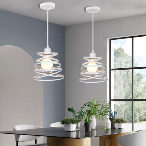 Lámpara Colgante 2 Piezas, Vintage Lámpara de Techo con Ø20cm Jaula de Espiral Interior, Iluminación Decorativo de Metal E27 para Cocina Sala Comedor Dormitorio (Blanco)