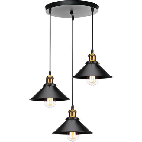 Lámpara Colgante, 3 Luces Vintage Industrial Lámpara de Techo con Ø22cm Pendiente, Iluminación Metal Edison E27 Base para Dormitorio Cocina Comedor Cafe (Negro) (1/5)