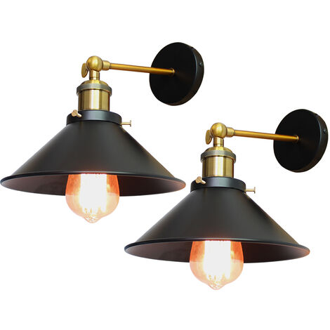 2 Piezas Apliques de Pared Vintage Industrial,   Lámpara con Ø22cm Pantalla de Metal, Rotación de 240° Art Decor Luz E27 para Dormitorio Pasillo Cafe Loft (Negro) (1/4)