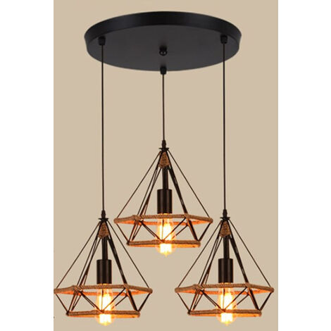 Lámpara Colgante Vintage, Cuerda de Cáñamo Lámparas de Techo con Jaula de Diamante, E27 Iluminación para Dormitorio Salon Comedor - 3 Luz con Portalámparas Redondo (Negro) (1/5)