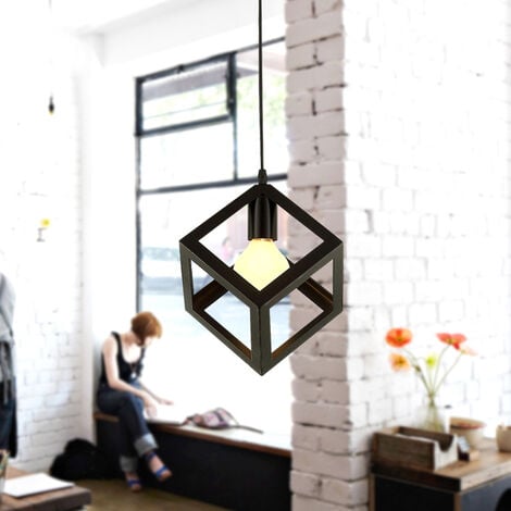 Lámpara Colgante, 1 Luz Cube Lámparas de Techo con Jaula, Iluminación E27 Edison para Dormitorio Comedor Cocina - Negro