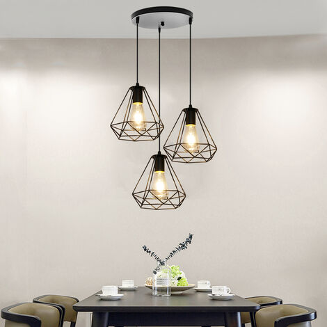Lámpara Colgante, Vintage Lámparas de Techo de Metal, Iluminación con Jaula de Diamantes E27 Edison Bulbo para Dormitorio Comedor Negro - 3 Luz con Portalámparas Redondo (1/5)