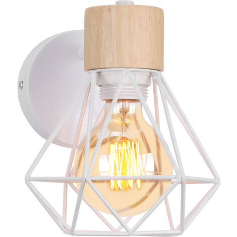 Lámpara de Pared, Vintage Aplique de Pared con Jaula Diamante de Hierro y Madera, Industrial Estilo Luz E27 para Pasillo Escalera Dormitorio Blanco 1 Pack