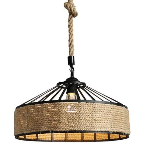 Lámpara Colgante, Vintage Lámpara de Techo Cuerda de Cáñamo, Iluminación Pantalla de Hierro E27 para Dormitorio Cocina Comedor Cafe Negro Ø40cm