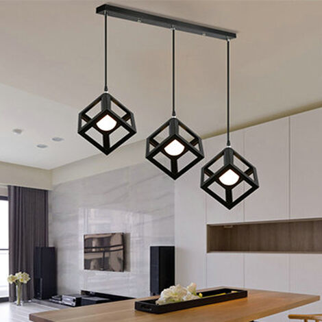 Lámparas de Colgar Industrial E27 Ø22cm Jaula de Cubo Cuadrado Metal Encendiendo de Techo 3 Luces para Pasillo Dormitorio Sala Noir