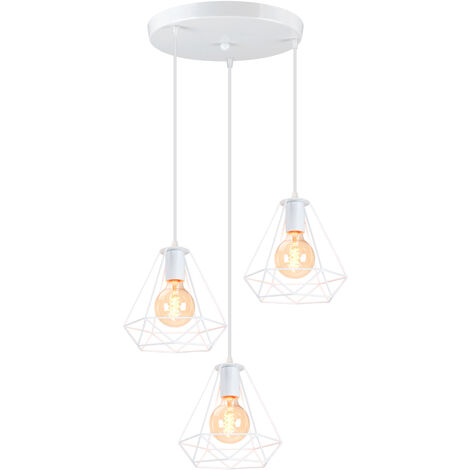 Lámpara Colgante, 3 Luces Lámparas de Techo con Ø20cm Jaula de Diamante, Vintage Iluminación de Metal para Dormitorio Comedor Entrada (Blanco)