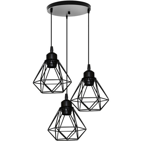 Lámpara Colgante, 3 Luces Vintage Lámparas de Techo Ø16cm Diseño de Jaula de Diamante, Industriale Luminaria de Techo E27 para Dormitorio Salon Cocina Comedor (Negro)