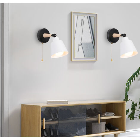 2X Aplique de Pared con Interruptor, Moderno Lámpara de Pared con Pantalla de Medera y Metal, Iluminación Art Decor Luz E27 para Dormitorio Cocina Comedor Cafe (Blanco)