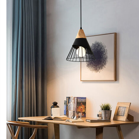 Lámpara Colgante Araña Vintage Retro Jaula Forma Bádminton de Metal y Madera E27 25cm Lámpara de Techo Negra