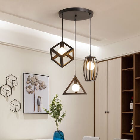 Lámpara Colgante, 3 Luces Vintage Lámparas de Techo con Jaula Cube Triángulo Tambor, Iluminación Creativo Decortivo E27 para Pasillo Porche Dormitorio Sala Cafetería Bar (Negro)