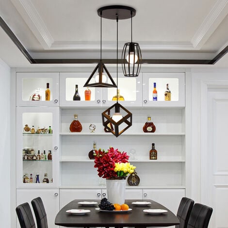 Lámpara Colgante, 3 Luces Vintage Lámparas de Techo con Jaula Cube Triángulo Tambor, Iluminación Creativo Decortivo E27 para Pasillo Porche Dormitorio Sala Cafetería Bar (Negro)