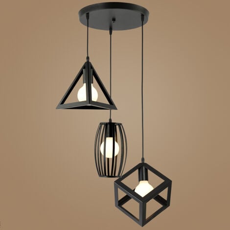 Lámpara Colgante, 3 Luces Vintage Lámparas de Techo con Jaula Cube Triángulo Tambor, Iluminación Creativo Decortivo E27 para Pasillo Porche Dormitorio Sala Cafetería Bar (Negro)