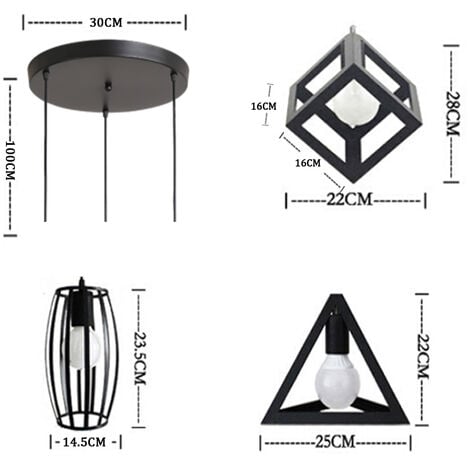 Lámpara Colgante, 3 Luces Vintage Lámparas de Techo con Jaula Cube Triángulo Tambor, Iluminación Creativo Decortivo E27 para Pasillo Porche Dormitorio Sala Cafetería Bar (Negro)