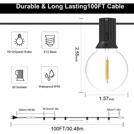 Guirlande Lumineuse Exterieure, Guirlande Guinguette Exterieur Avec 30+3  G40 LED Guirlande Ampoule, 60FT Étanche Guirlandes Lumineuses Pour  Intérieur Noël Jardin Fête Terrasse Mariage Cour(Blanc Chaud : :  Cuisine et Maison