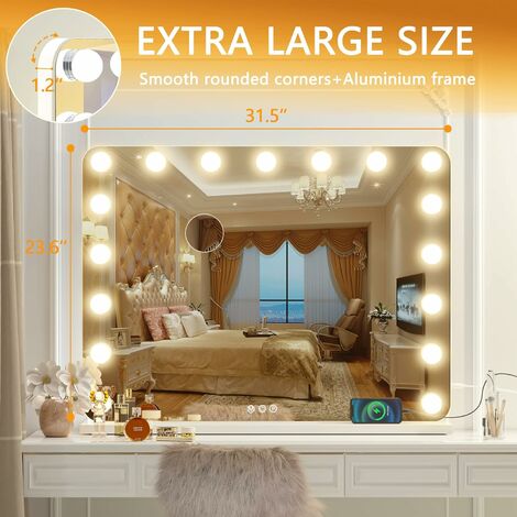 Miroir De Maquillage Lumineux AOVQUOF 80x62 Cm - 17 LEDs, 3 Modes Lumière, Zoom 10x, USB, Mural/table