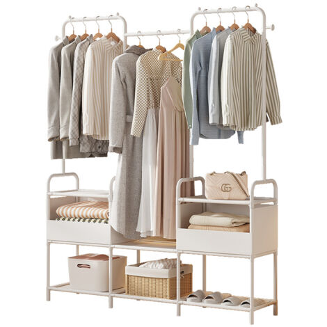 Freosen – Armoire de rangement blanche penderie 125x30x165cm – Métal résistant avec placage chromé – 2 paniers en tissu inclus