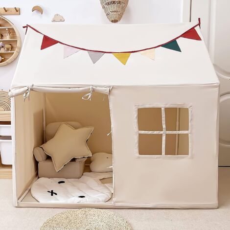 Freosen – Tente de jeu enfant cabane intérieure beige 125 x 125 x 90 cm – Tissu polyester renforcé – Pour 3 enfants de 3 à 12 ans – Coin de lecture et jeu