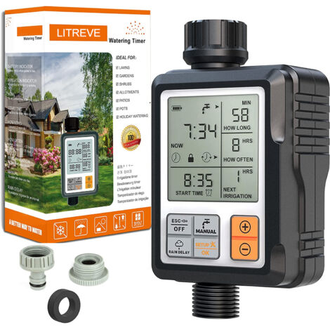 Litreve – Programmateur arrosage automatique IP65 étanche – Minuteur 1 à 240 minutes – Compatible robinets 1/2 et 3/4 pouces – Écran LCD 3 pouces