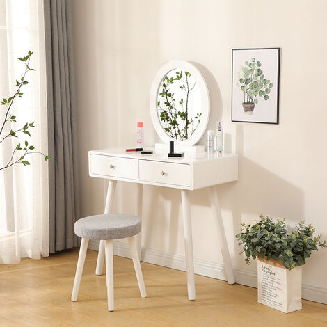 Coiffeuse avec Miroir Rond - Table de Maquillage avec 2 Tiroirs, Miroir et Tabouret - 80 x 40 x 128 cm