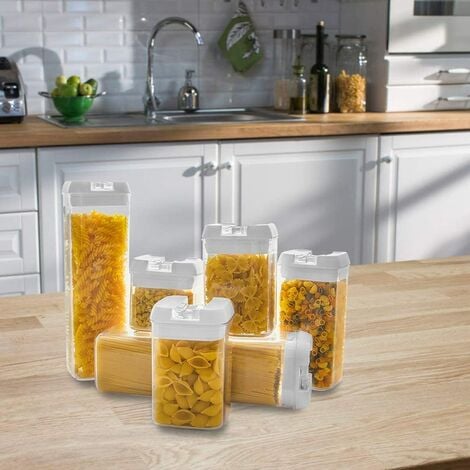 Lot de 7 Boîtes de Conservation Alimentaire en plastique avec Couvercle  pour Pâtes Céréales Farine Blanc