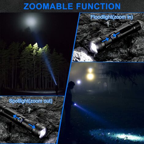 Lampe Torche LED Ultra Puissante 10000 Lumens Rechargeable Tactique Militaire IP67 Zoomable 5 Modes pour Camping Randonnée Urgence