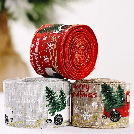 3 rotoli Natale Wired Edge Nastri Nastri di tela stampata camion vintage per avvolgere regali Albero di Natale Archi Decorazione artigianato