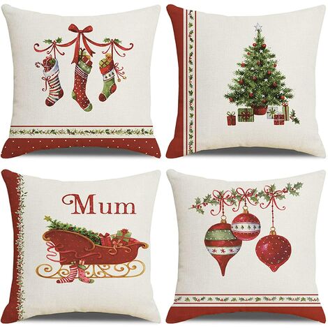 Fodera per cuscino natalizio, set di 4 calzini per albero di Natale Federa decorativa in cotone e lino 45 x 45 cm