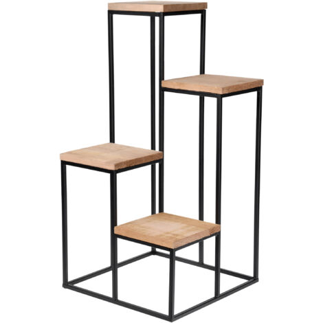 Spetebo – Support de pots de fleurs en métal noir avec 4 étagères en bois – Dimensions 67 x 34 cm – Pour intérieur moderne et décoration
