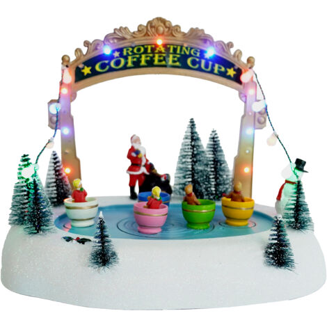 LED Scène de Noël Patinoire avec Tasses à Café avec Musique - 27 x 21 cm - Décoration Scène de Ville d'Hiver éclairée avec Batterie