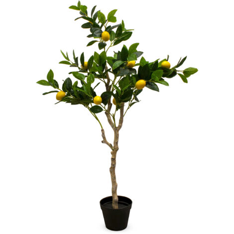Spetebo – Plante verte artificielle citronnier 118 cm – 10 citrons en pot noir – Réplique réaliste pour intérieur et extérieur protégé
